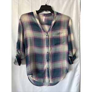 Women's Xhilaration Sheer Plaid V Neck Button down Long Sleeve Blouse‎ Small